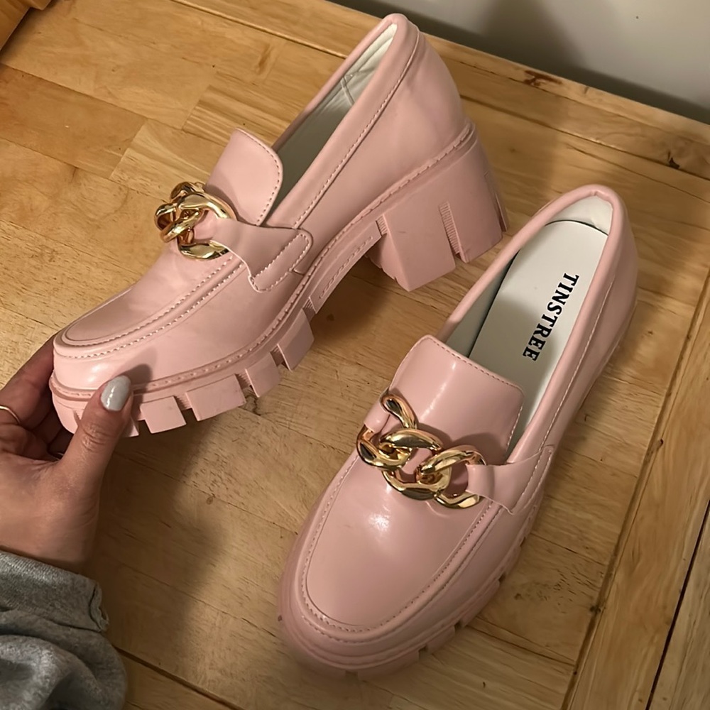 Pink heeled platforms loafers